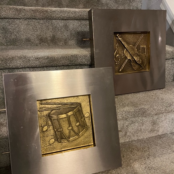 Vintage Curtis Jere Abstract Mixed Metal Wall Sculpture set of 2 Violin & Drum - Picture 16 of 16